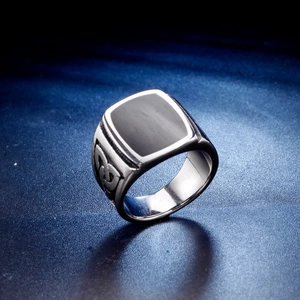 Retro punk stainless steel men's ring with black epoxy inlay and Celtic knot engravings