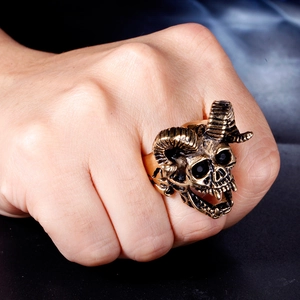 Men's punk stainless steel ring with a vintage goat head skull design in antique gold finish