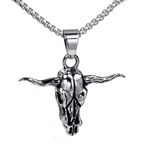 Collier vintage en acier inoxydable avec pendentif tête de bœuf et chaîne box homme