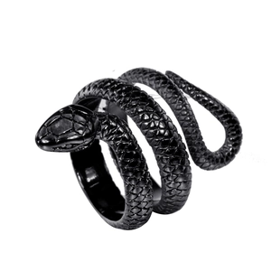 Detailed view of black snake ring with realistic scales and punk spiral design