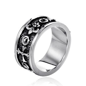 Gothic Stainless Steel Cross Fleur De Lis Ring For Men Vintage Punk Distressed Black Rhinestone Band Jewelry