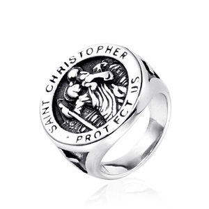 Saint Christopher Protect Us Stainless Steel Signet Ring Vintage Religious Christian Patron Saint Medal Ring For Men Women