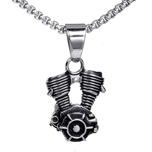 Gothic punk V-twin engine pendant necklace for men in vintage stainless steel