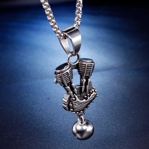 Detailed V-Twin engine pendant with polished ball on stainless steel chain necklace