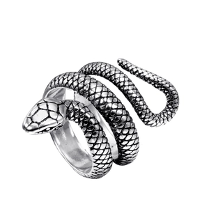 Retro stainless steel snake ring with detailed scales and vintage silver spiral design