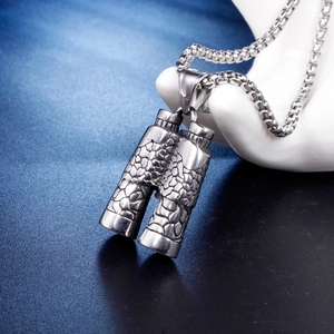 Classic silver binoculars pendant necklace with stone texture on stainless steel chain