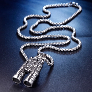 Vintage telescope pendant necklace in silver stainless steel with textured finish