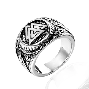 Vintage Viking Valknut Signet Ring For Men Nordic Odin Mythology Stainless Steel Antique Two Tone Geometry Mythology Band Ring