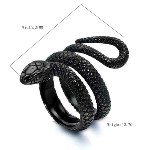 Vintage black stainless steel snake ring with realistic scales, 37mm width and 12.7g weight