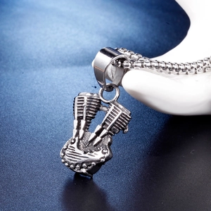 Punk vintage silver motorcycle V-twin engine pendant necklace on white display