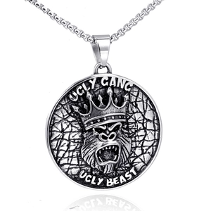 Hip Hop 316 Stainless Steel Round Gorilla Crown Relief Pendant For Men Vintage Punk Ugly Gang Beast Pattern Pendant Only