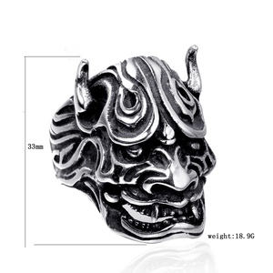 Men's retro stainless steel skull ring with detailed Hannya mask design and silver finish