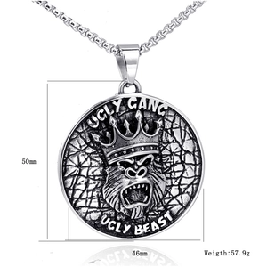 Punk gorilla king crown pendant necklace in vintage silver finish with size dimensions