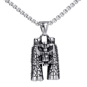 Vintage silver telescope pendant necklace with stone texture on a steel box chain