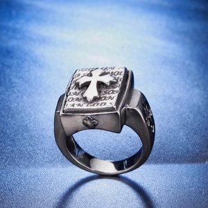 Vintage stainless steel cross ring for men with engraved religious scripture details
