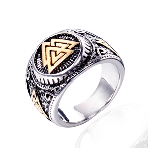 Viking Valknut ring in stainless steel with two-tone finish and intricate side engravings