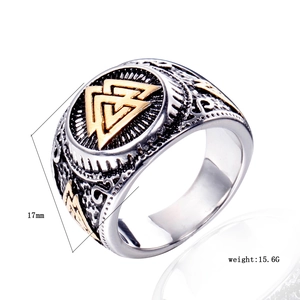 Viking Valknut ring in vintage stainless steel with golden knot emblems and Nordic carving