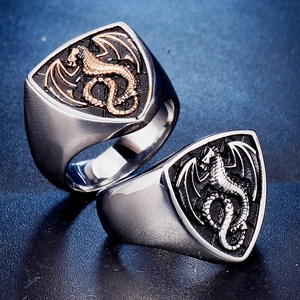 Vintage stainless steel dragon shield rings for men with embossed mythical beast patterns