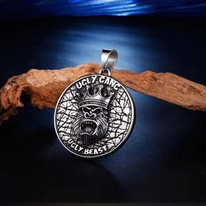 Gothic silver gorilla crown pendant necklace featuring Ugly Gang and Beast engravings