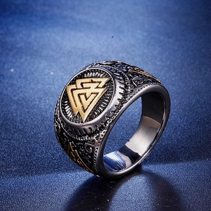 Men's vintage titanium steel Viking Valknut signet ring with gold and silver finish