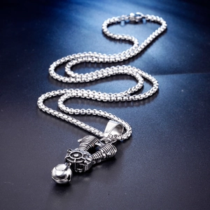 Punk style stainless steel necklace featuring a mechanical V-twin engine pendant with ball