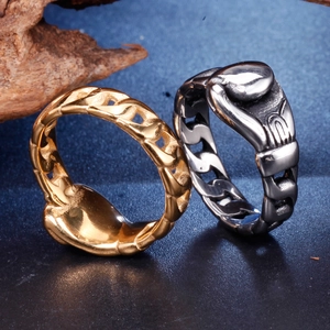 Retro stainless steel Cuban link ring set with carved mythological emblems in gold and silver