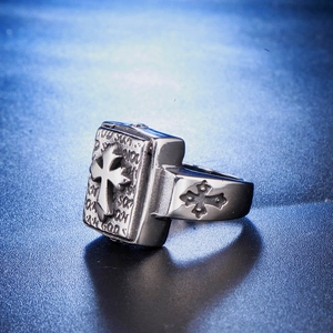 Vintage stainless steel cross ring with Bible book design and embossed In God engraving