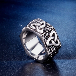 Vintage Viking style wide stainless steel ring with Celtic knots and hammered texture