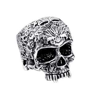 Bague Crâne en Acier Inoxydable Homme Vintage Gothique Punk Rock Bijoux Biker Sculpté Floral Tête de Squelette Bague Unisexe Cadeau