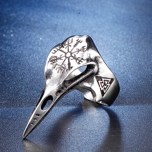 Vintage stainless steel Viking raven skull ring with Vegvisir compass and Valknut symbols