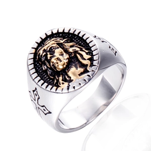 Vintage stainless steel cross ring with gold Jesus relief and two-tone finish