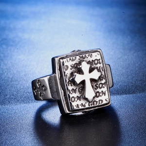 Vintage silver stainless steel cross ring with religious engraved scripture pattern