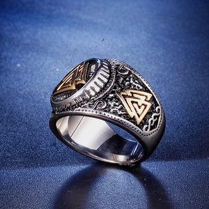Retro Viking Valknut ring for men in two-tone stainless steel with vintage engraving