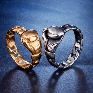 Men's stainless steel boxing glove rings in gold and silver with hollow chain band