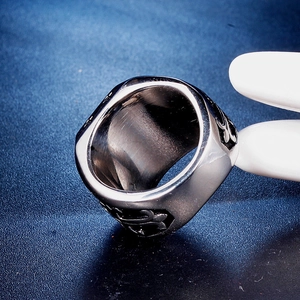 Retro wide cross ring with black drip oil finish in vintage gothic stainless steel style