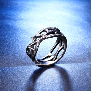 Vintage oxidized titanium steel ring with textured vine branch hollow design for men