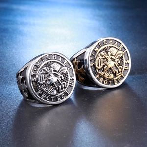 Vintage Saint Michael protect us stainless steel cross rings in silver and gold tones