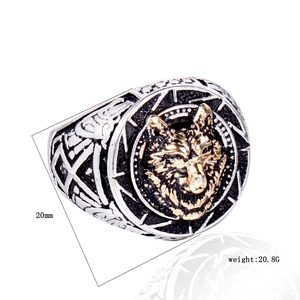 Bague rétro pour homme en acier inoxydable avec relief tête de loup doré et 20mm