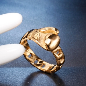 Golden boxing glove ring with curb chain band for men in stainless steel finish