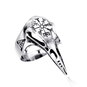 Vintage stainless steel Viking bird skull ring with Nordic compass and Valknut symbols