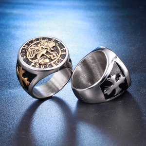 Saint Michael Protect Us silver and gold stainless steel ring with dragon relief