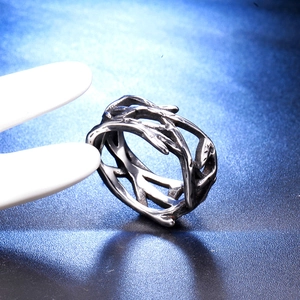 Vintage oxidized silver crown of thorns stainless steel ring with rustic branch texture