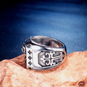 Gothic cross ring for men in retro silver finish shown from a side perspective view