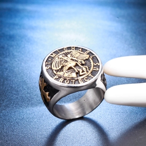 Saint Michael Archangel signet ring in vintage silver and gold stainless steel