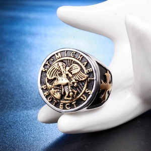 Men's St. Michael Saint shield ring in stainless steel with gold cross detailing