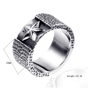 Retro Stainless Steel Star Ring For Men Women Punk Hammered Texture Pentagram Wide Band Ring Vintage Biker Jewelry