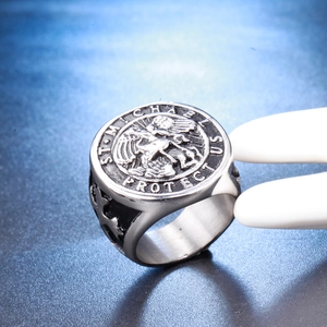 Men's retro St. Michael the Archangel signet ring in vintage silver stainless steel