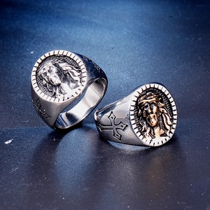 Polished stainless steel men's Jesus portrait ring with cross relief in two-tone finish