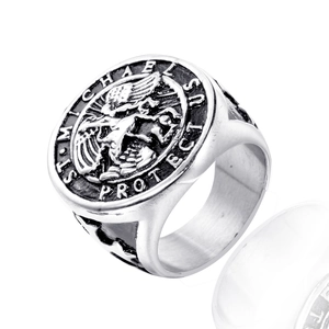 Vintage silver St. Michael Archangel stainless steel signet ring with shield emblem