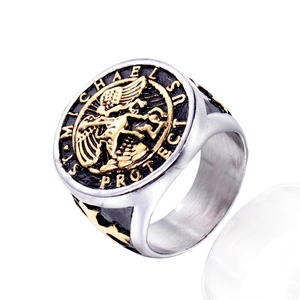 Men's titanium steel St. Michael winged angel ring with gold relief and engraved cross